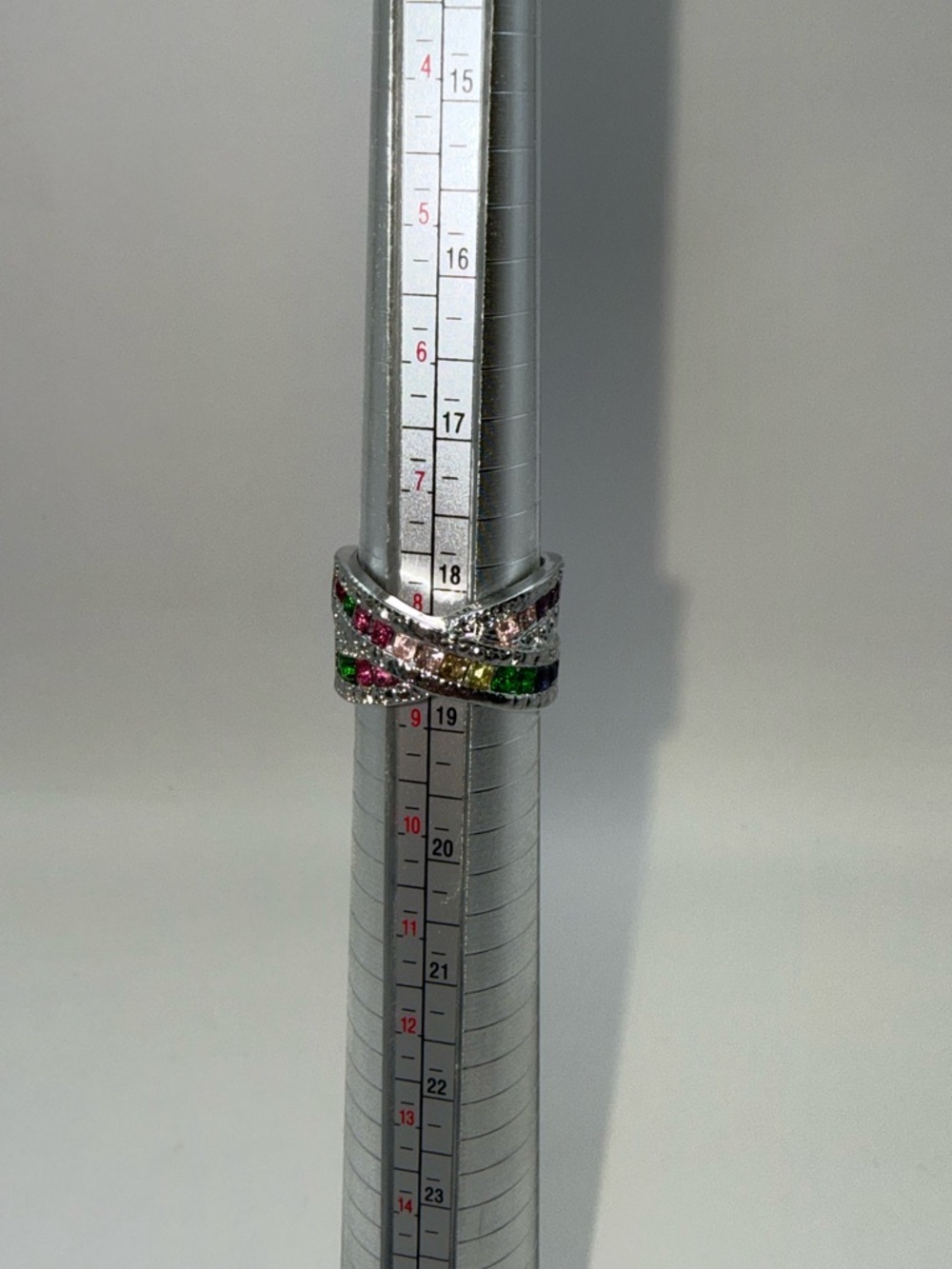 New 925 Sterling Silver Rainbow CZ Crossover Ring Size 8 Multicolor Band